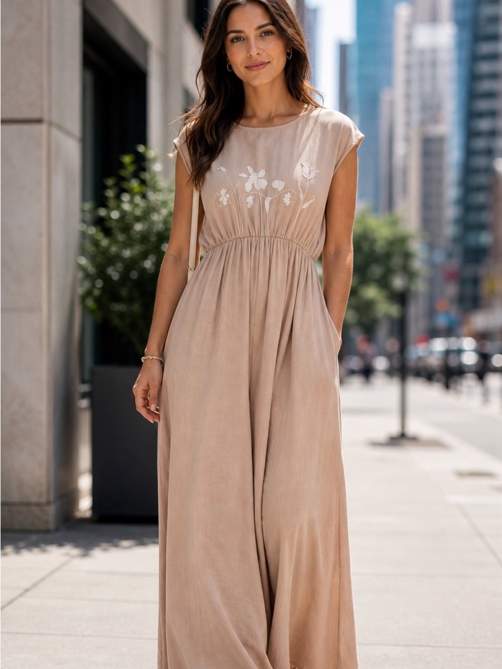 Anthropologie Women's Neutral Beige Embroidered Wide-Leg Jumpsuit